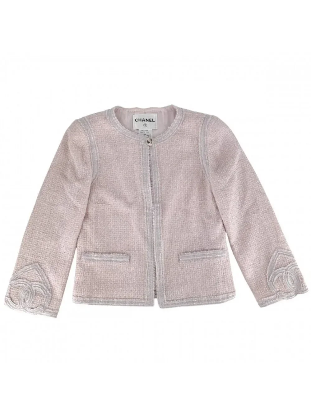 Chanel Set Tweed Collarless Jacket Skirt CC Logo 38 Pink Wool Spring Autumn